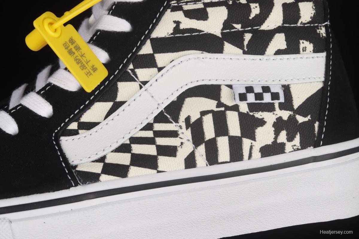 Vans Sk8-Hi black and white checkerboard lattice side stripes high-top casual board shoes VN0A5FCC9CU