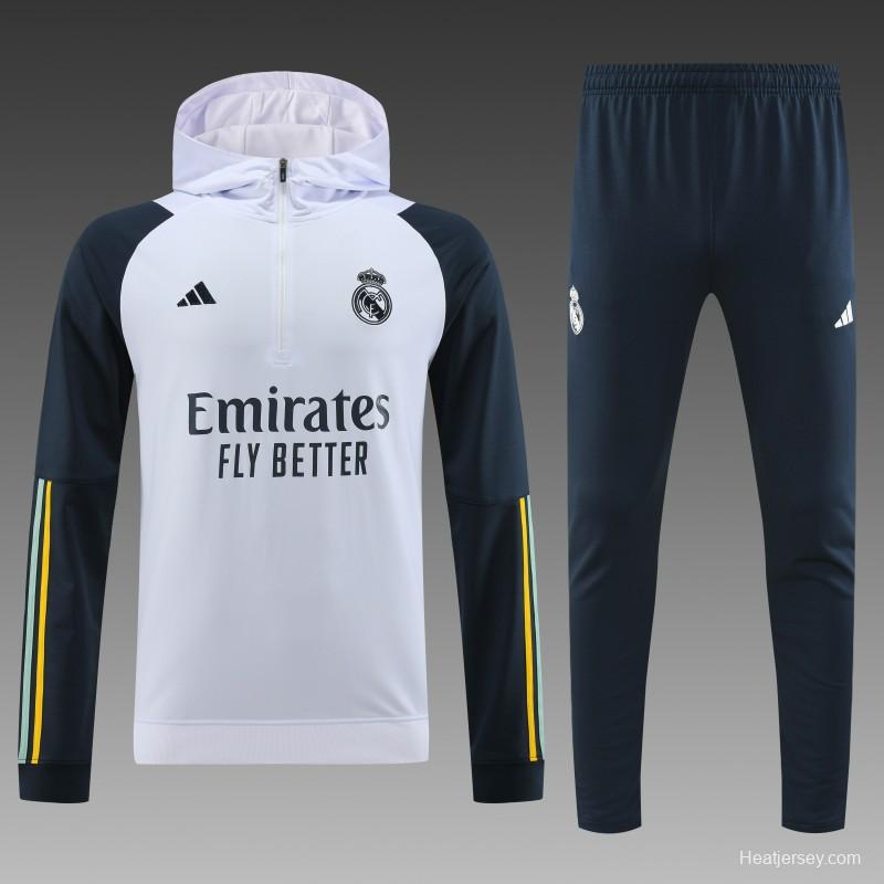 23/24 Real Madrid White Hoodie Half Zipper Jacket+ Pants