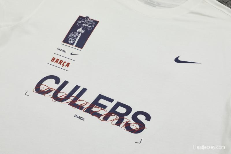 23/24 Barcelona White Cotton Short Sleeve Jersey+Shorts