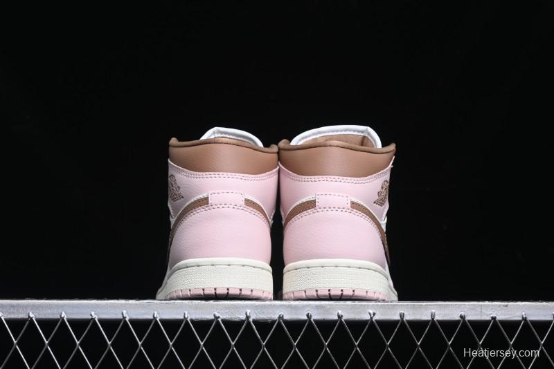 Nike Air Jordan 1 Mid AJ1 Basketball Shoes in Khaki Pink - BQ6472-620