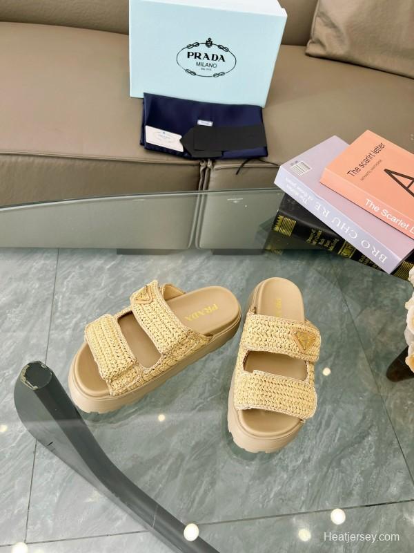 2025 Prada Beige Raffia Slippers LY00290