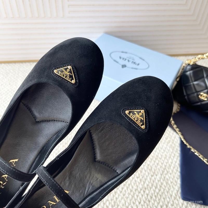 2025 Women Prada Black Suede Mary Jane Ballet Flat
